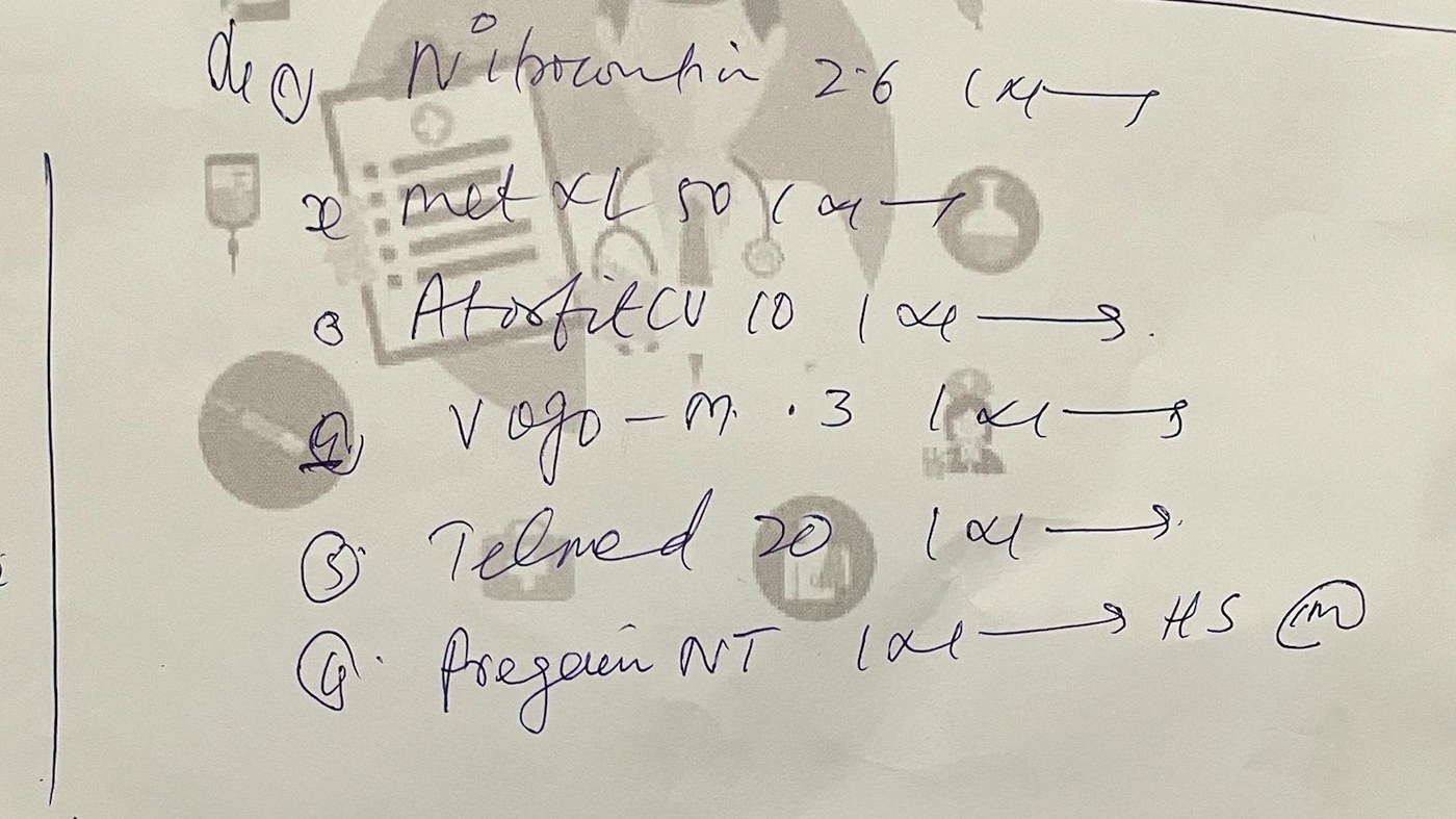 A real handwritten prescription with six medicines